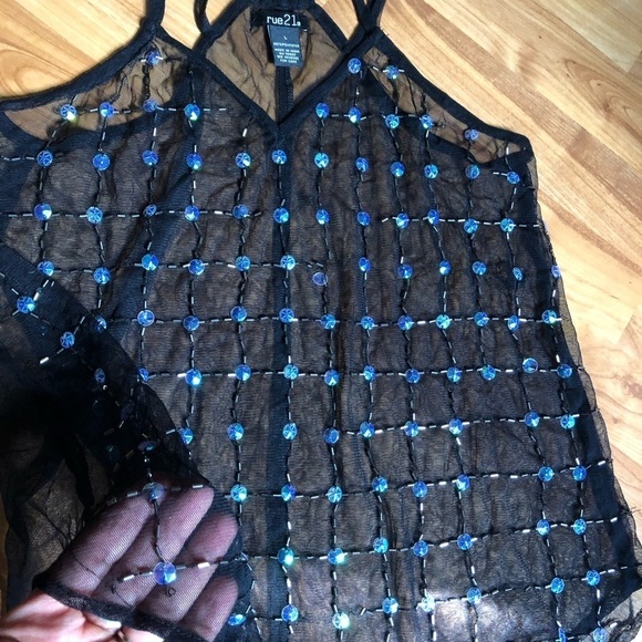 3/$25 🍄 Rue 21 Black Mesh See Through Blue Sequined Beaded Tank Size Large - Picture 3 of 6